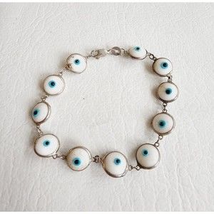 Sterling Silver White Glass Evil Eye Good Luck Protection Bracelet 7.5 inches